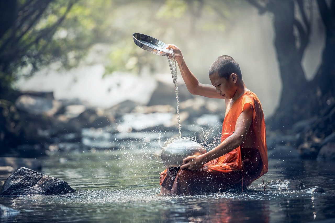boy, monk, river, buddhist, water, ritual, buddhism, meditation, culture, oriental, religion, worship, nature, sacred, spiritual, thailand, asia